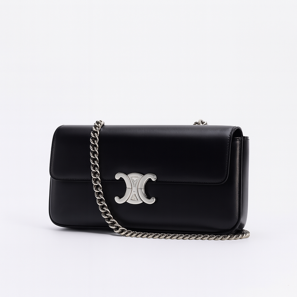 Celine Claude Chain Shoulder Bag Black Leather Triomphe Closure C-8