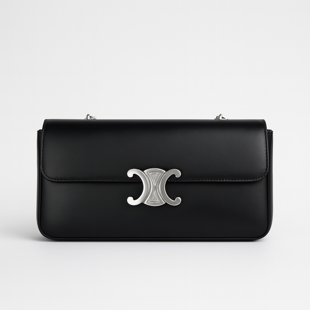 Celine Claude Chain Shoulder Bag Black Leather Triomphe Closure C-8
