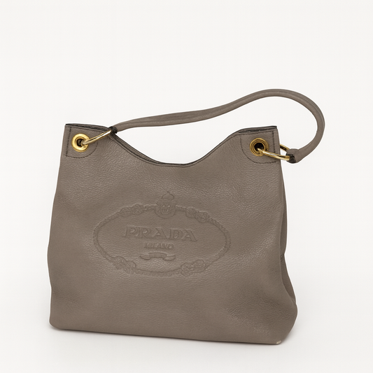 Prada Vitello Phenix Taupe Leather Logo Hobo Shoulder Bag