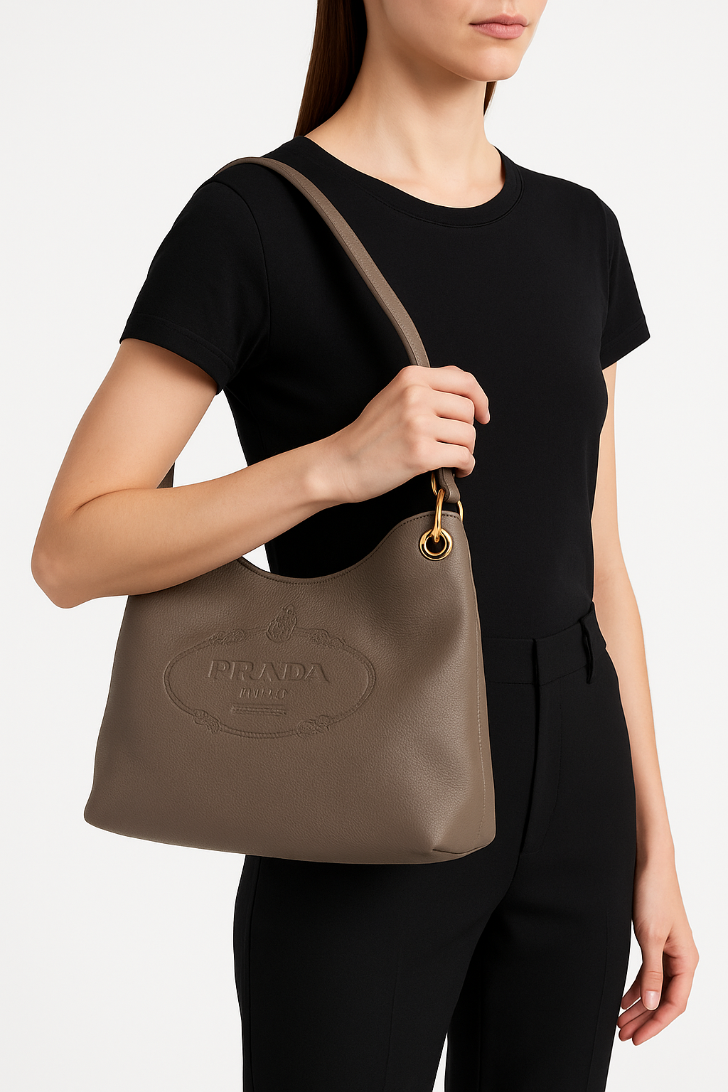 Prada Vitello Phenix Taupe Leather Logo Hobo Shoulder Bag