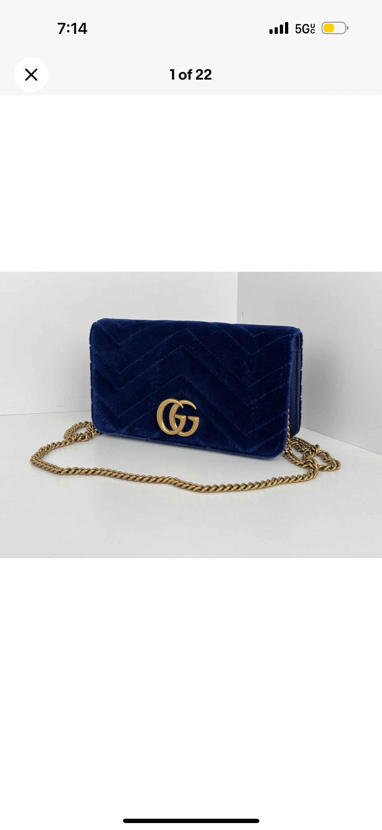 Gucci GG Marmont Blue Velvet Gold-Tone Chain Flap Crossbody Bag