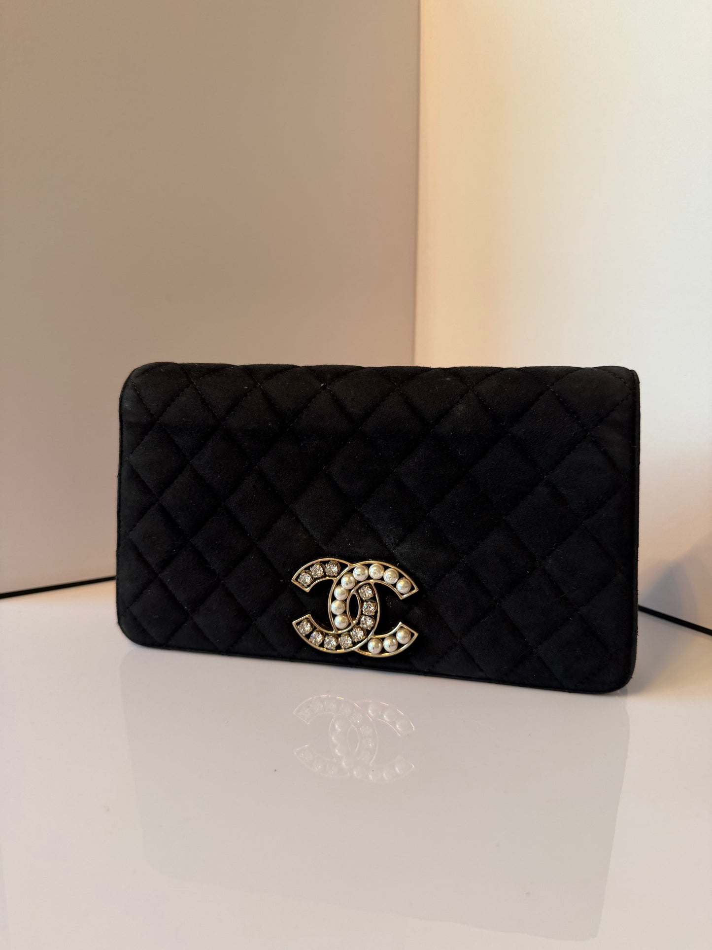 Chanel CC Chan Full Flap Quilted Suede Crystals & Pearls Shoulder Bag 2014