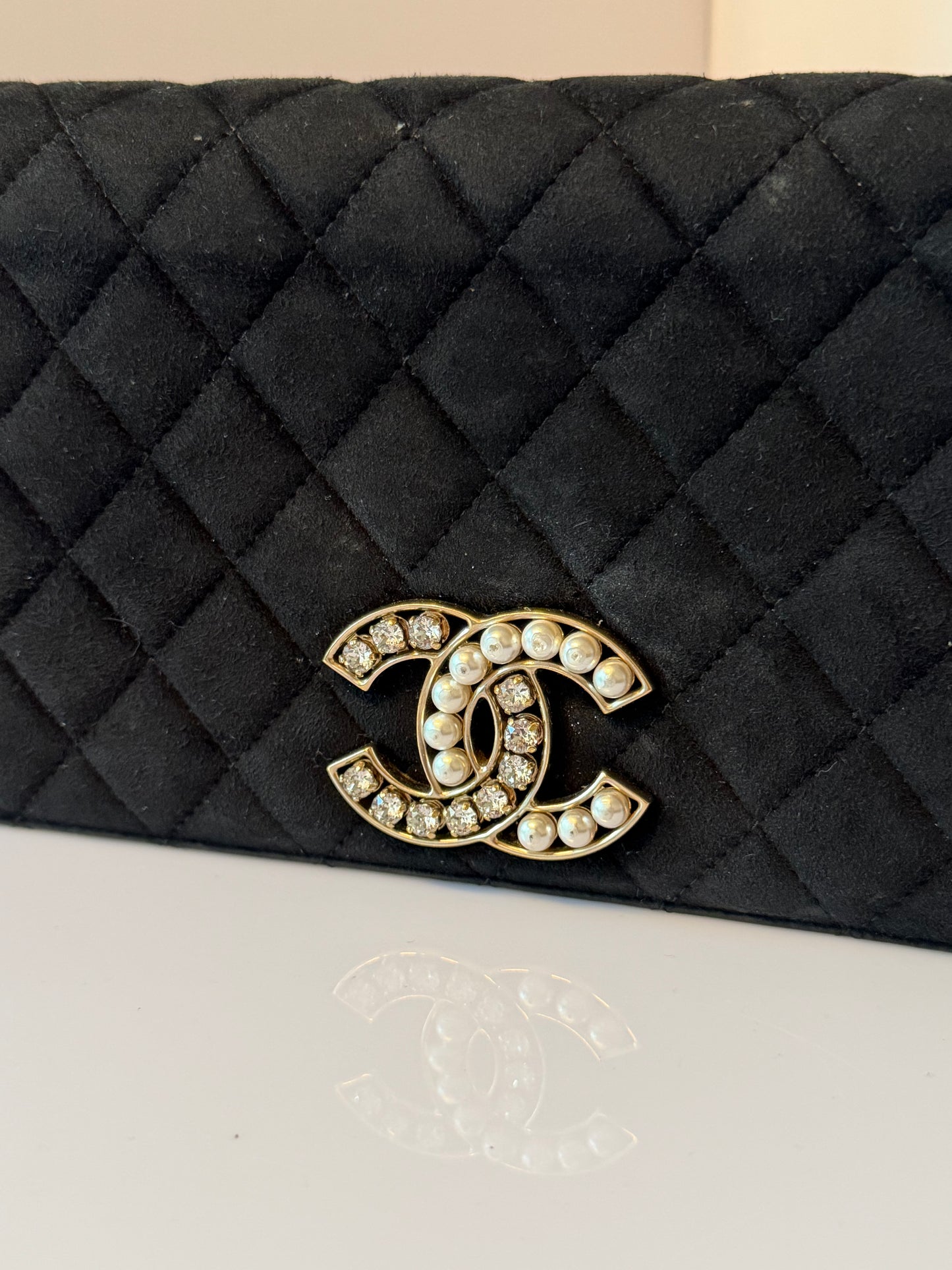 Chanel CC Chan Full Flap Quilted Suede Crystals & Pearls Shoulder Bag 2014