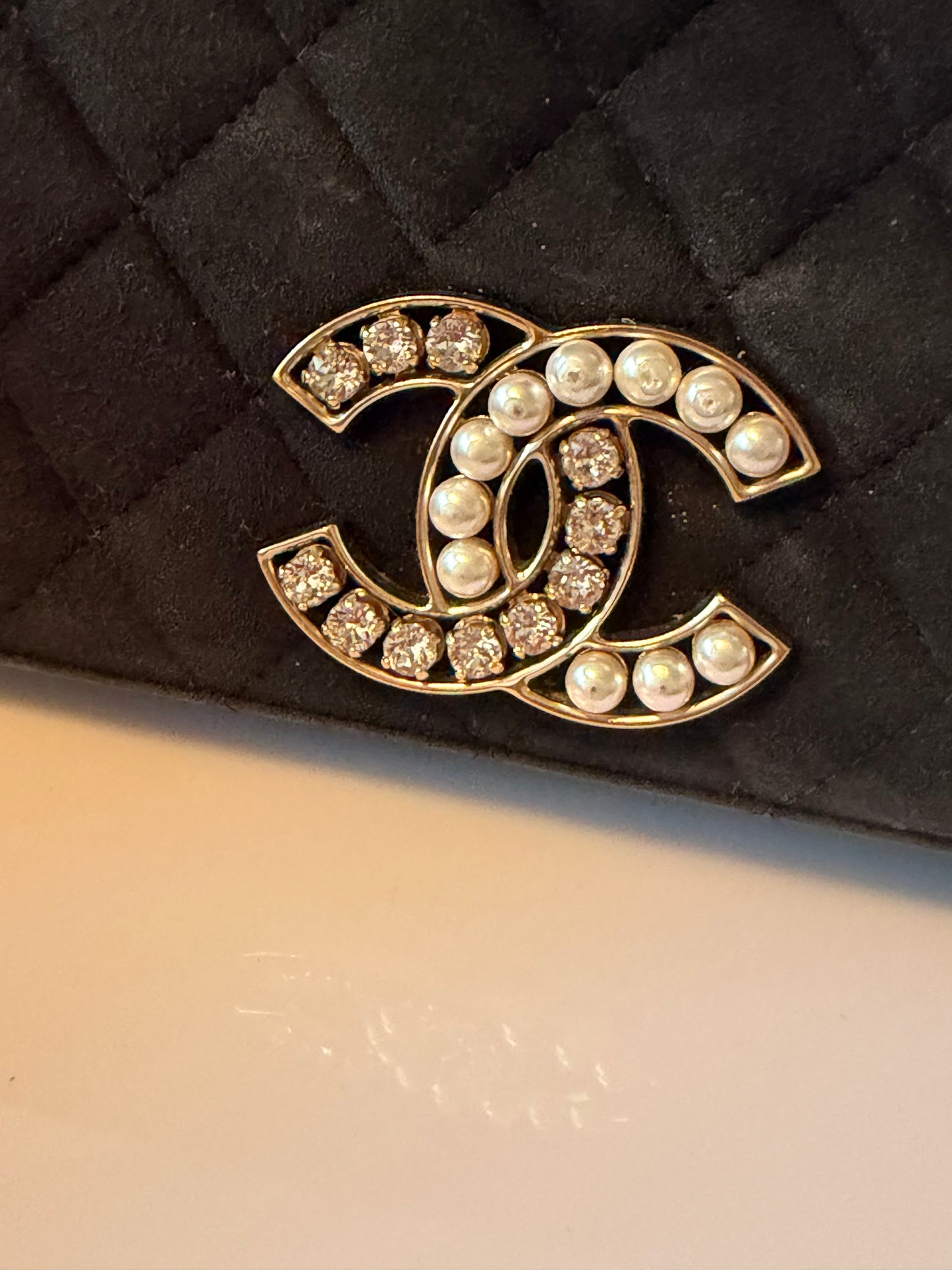 Chanel CC Chan Full Flap Quilted Suede Crystals & Pearls Shoulder Bag 2014