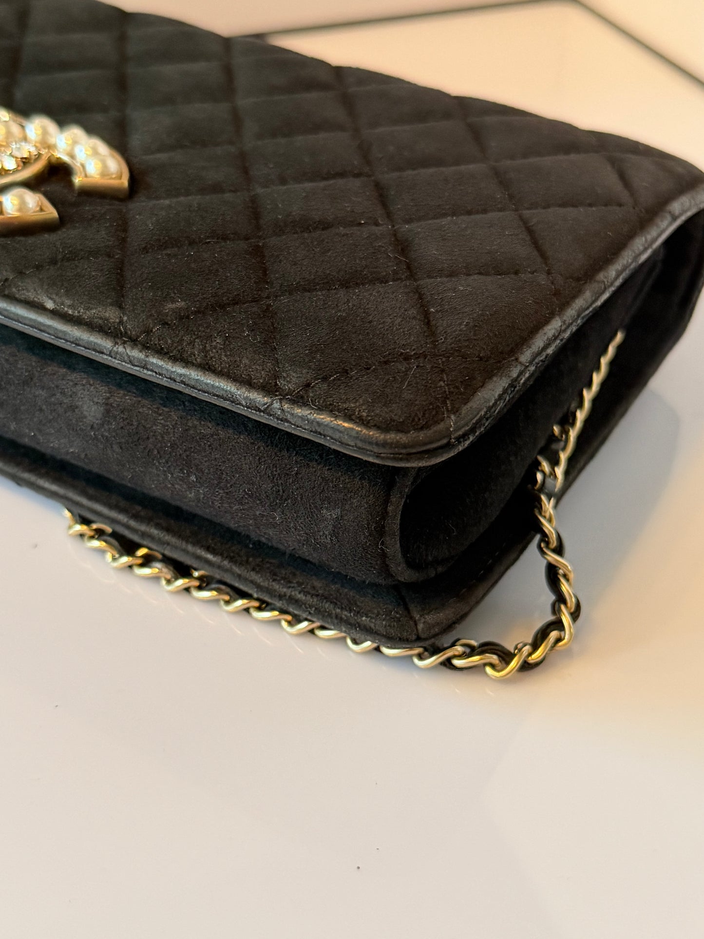 Chanel CC Chan Full Flap Quilted Suede Crystals & Pearls Shoulder Bag 2014