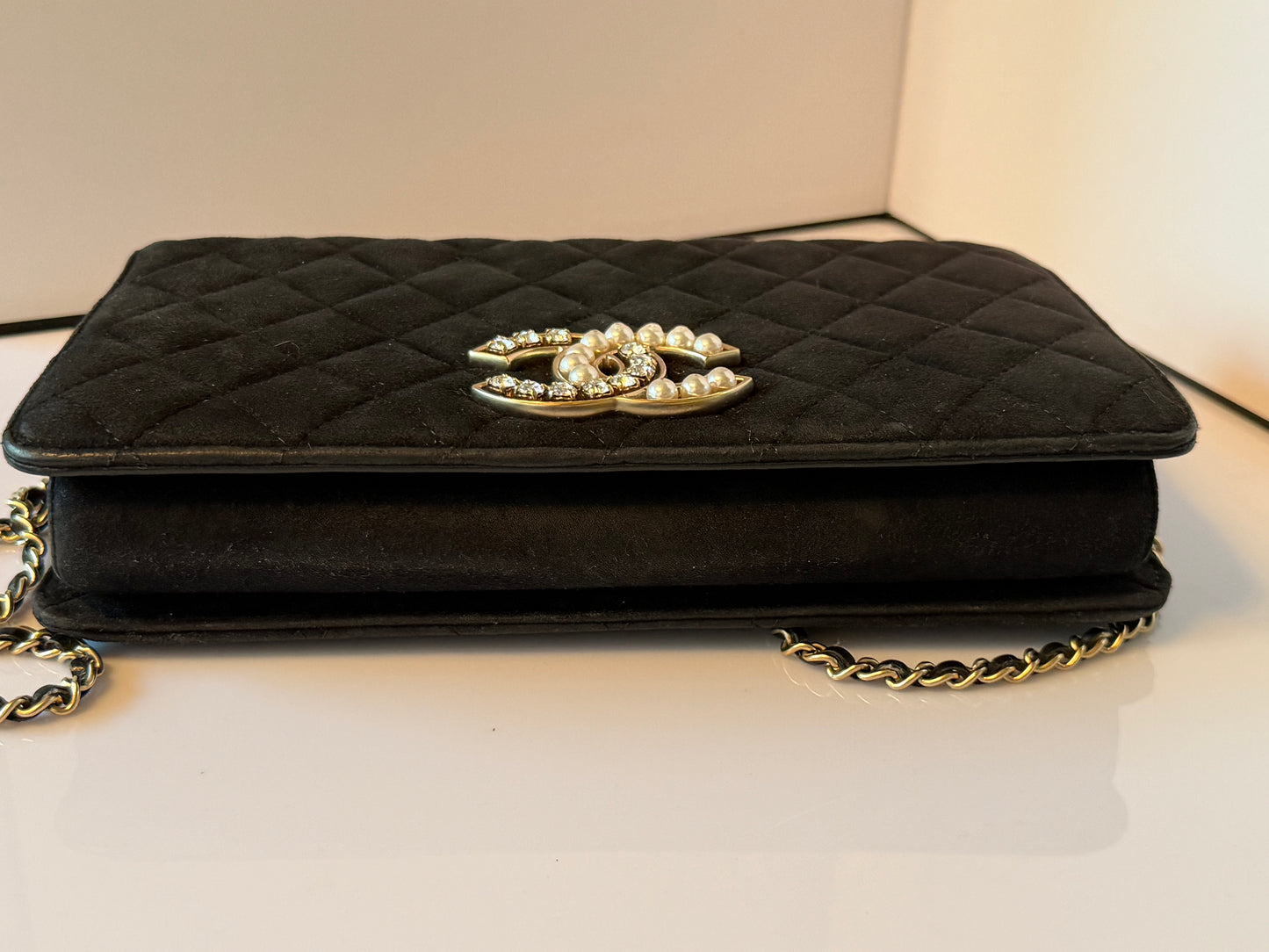 Chanel CC Chan Full Flap Quilted Suede Crystals & Pearls Shoulder Bag 2014