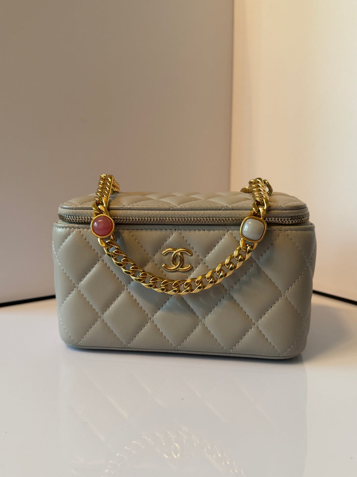Chanel Calfskin Vanity Case Shoulder Bag Grey Calfskin