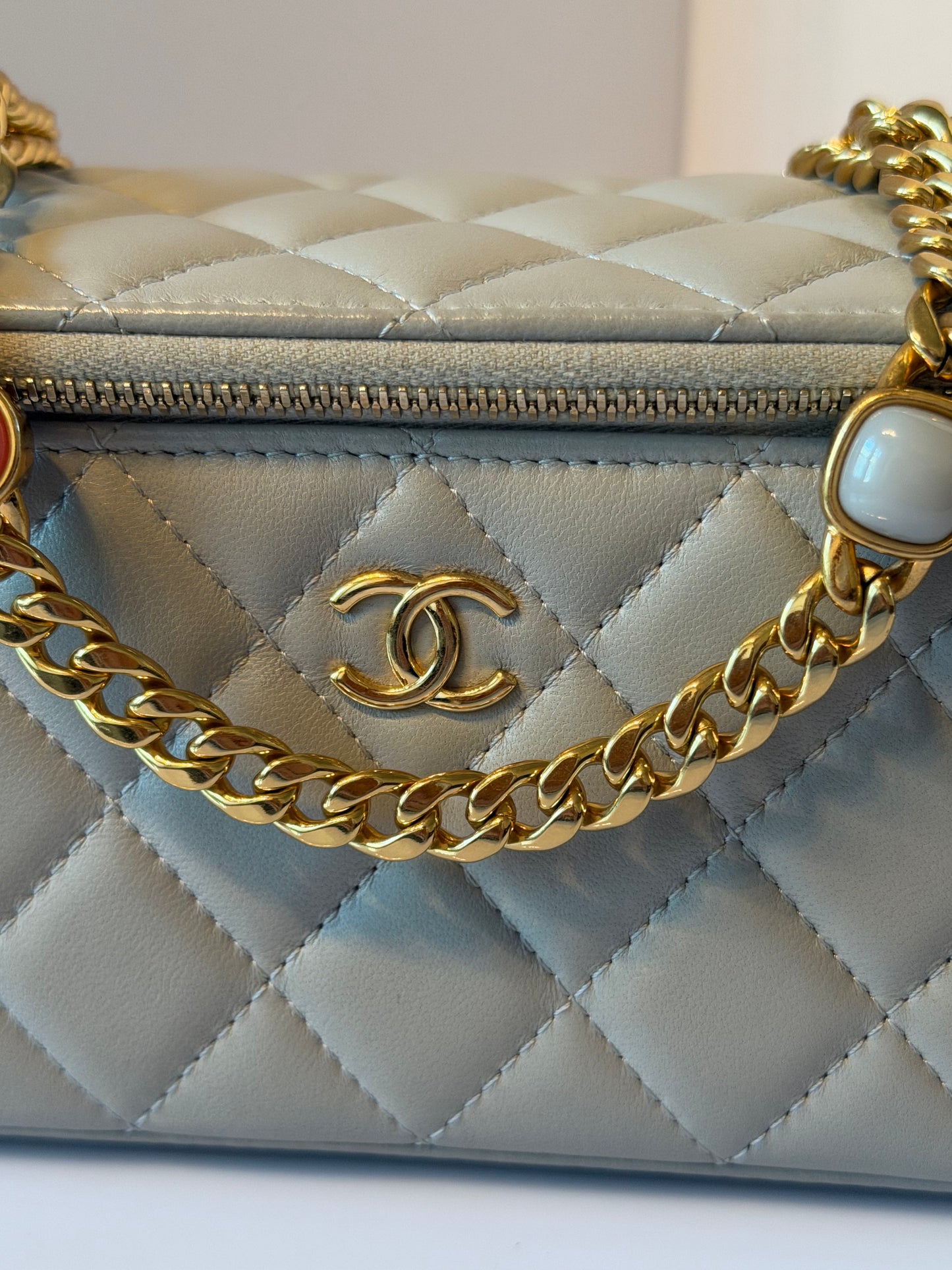 Chanel Calfskin Vanity Case Shoulder Bag Grey Calfskin