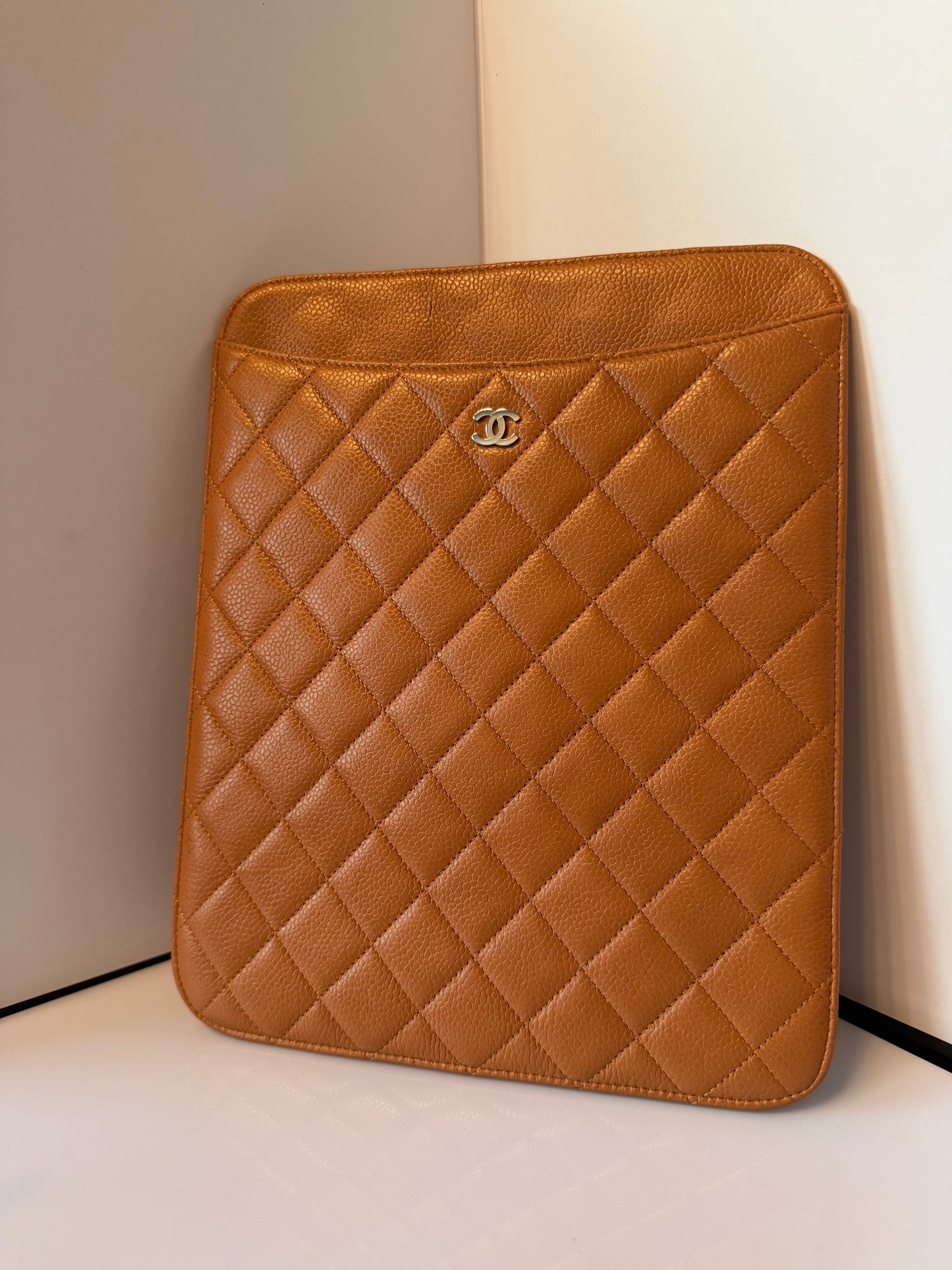 Chanel Quilted Caviar iPad Case Tan