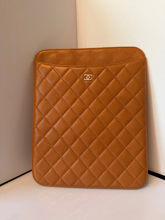 Chanel Quilted Caviar iPad Case Tan