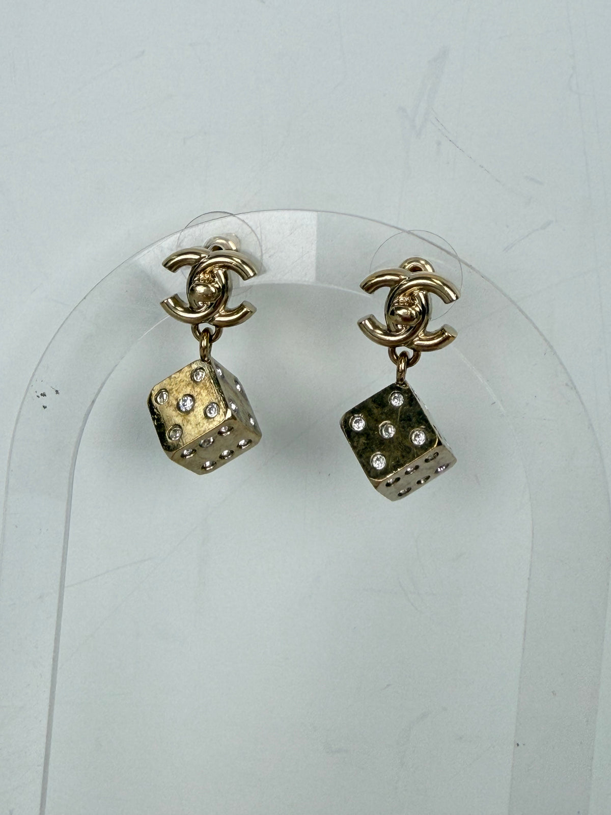 Chanel Strass CC Turnlock Dice Drop Earrings in Champagne-Tone Color YK4