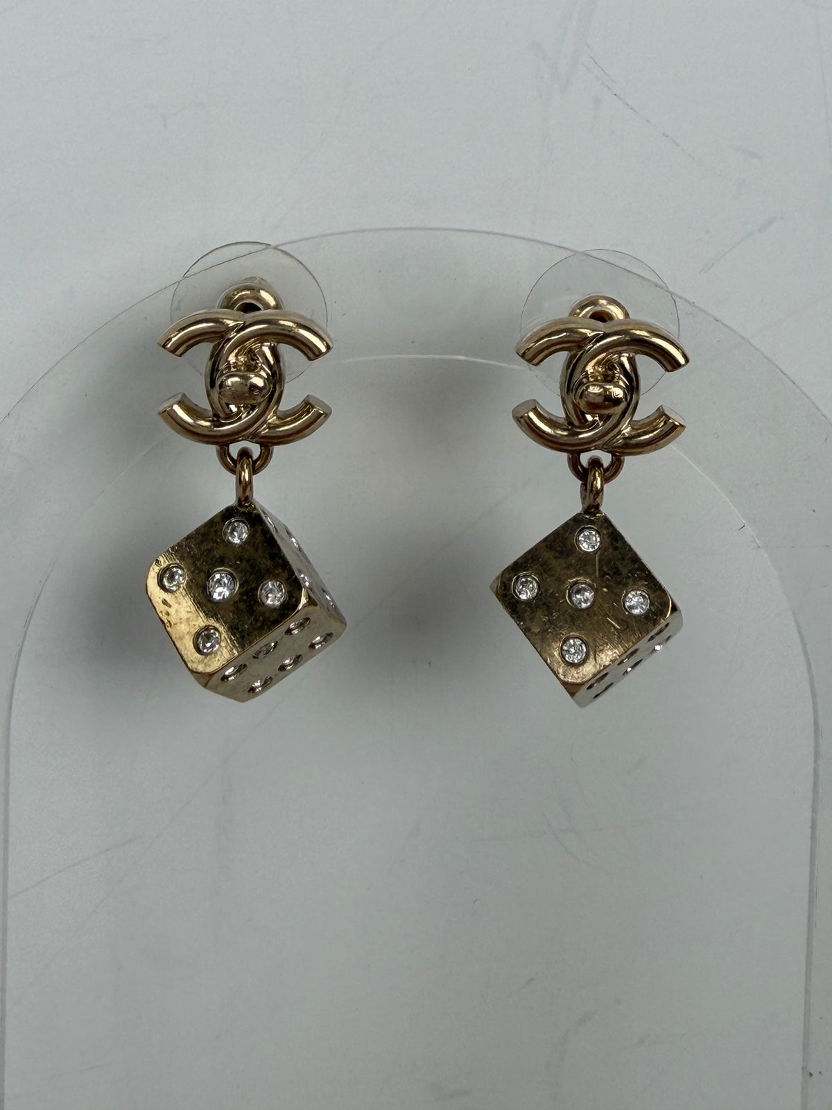 Chanel Strass CC Turnlock Dice Drop Earrings in Champagne-Tone Color YK4