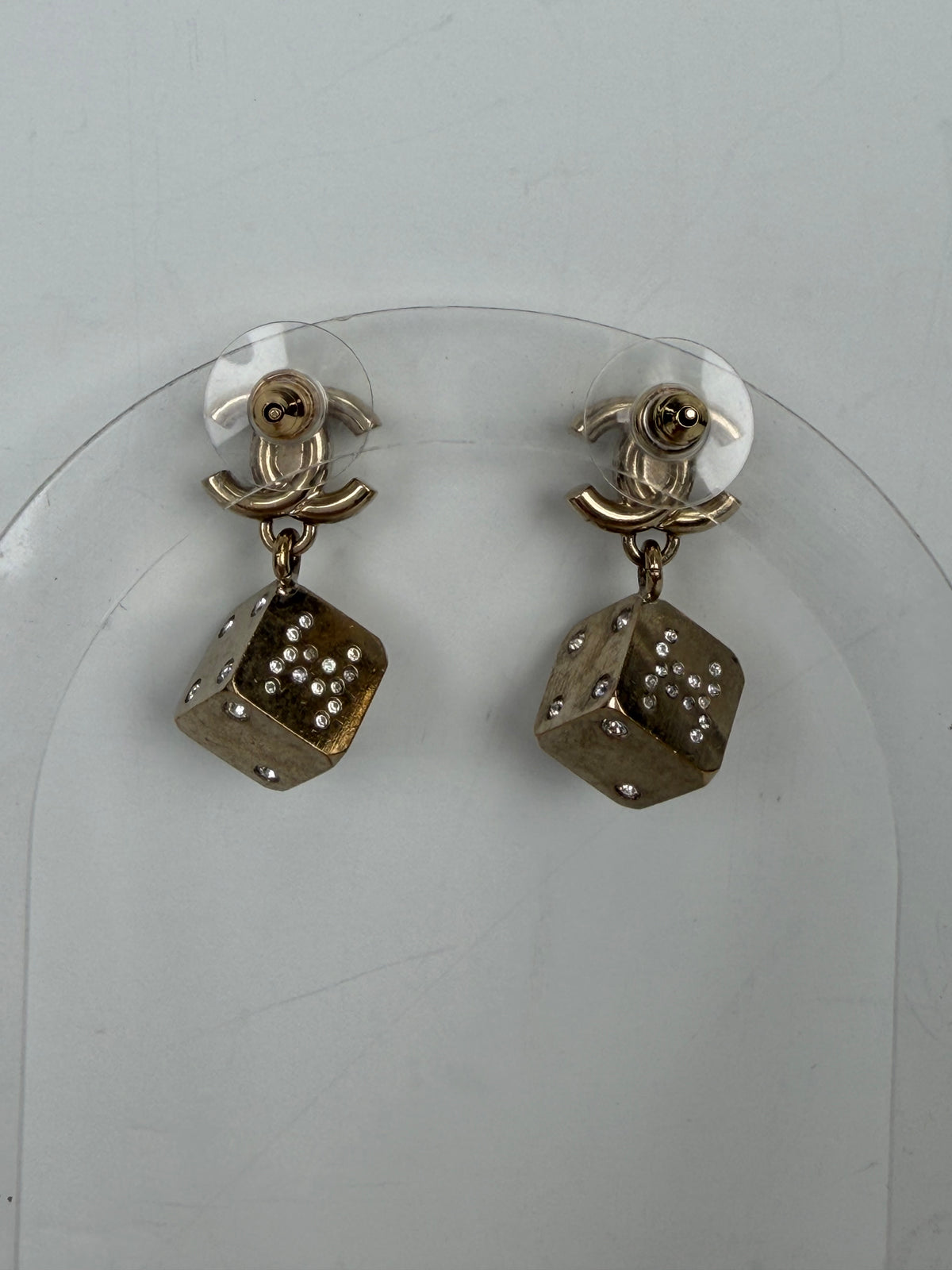 Chanel Strass CC Turnlock Dice Drop Earrings in Champagne-Tone Color YK4