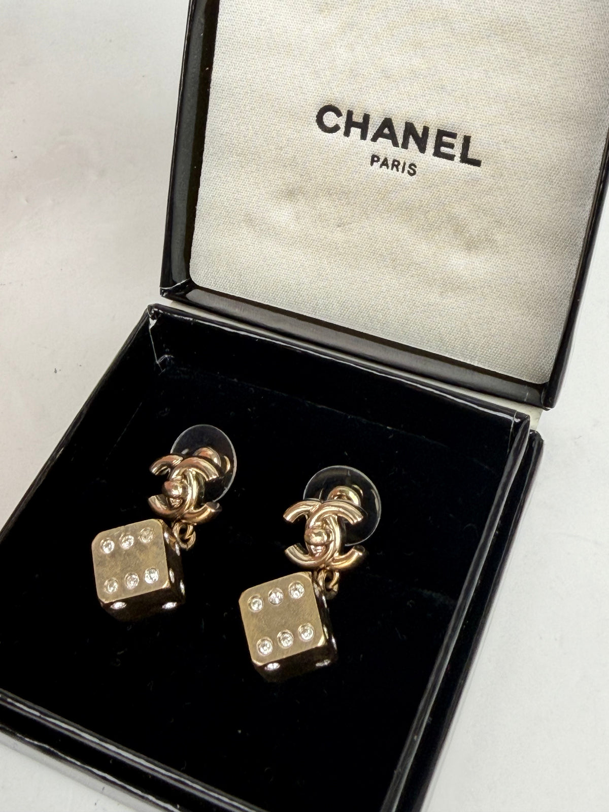 Chanel Strass CC Turnlock Dice Drop Earrings in Champagne-Tone Color YK4