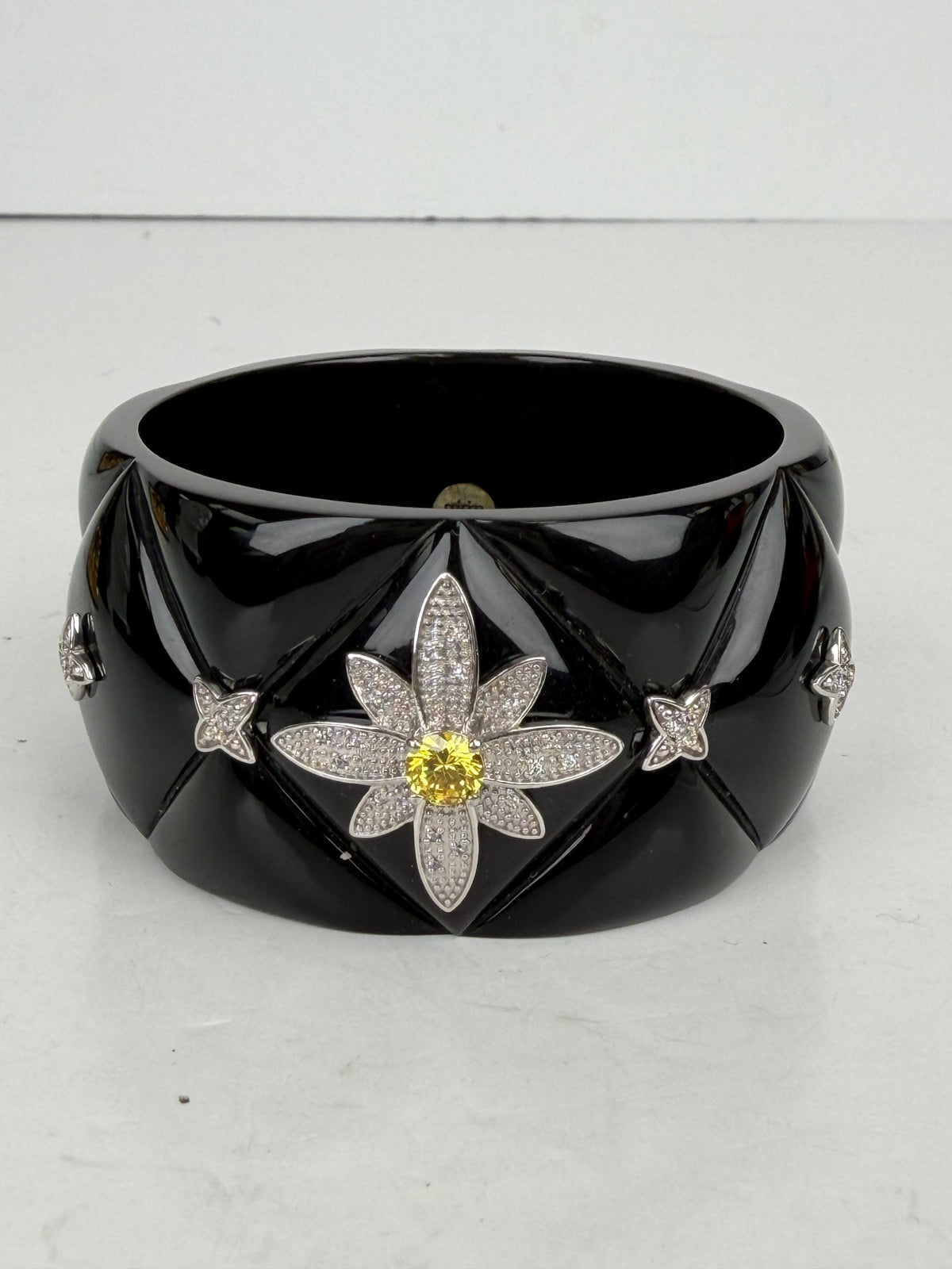 Mirim Bangle Bracelet in Black Quilted Resin & 925 Sterling Silver Flower Detail YK4