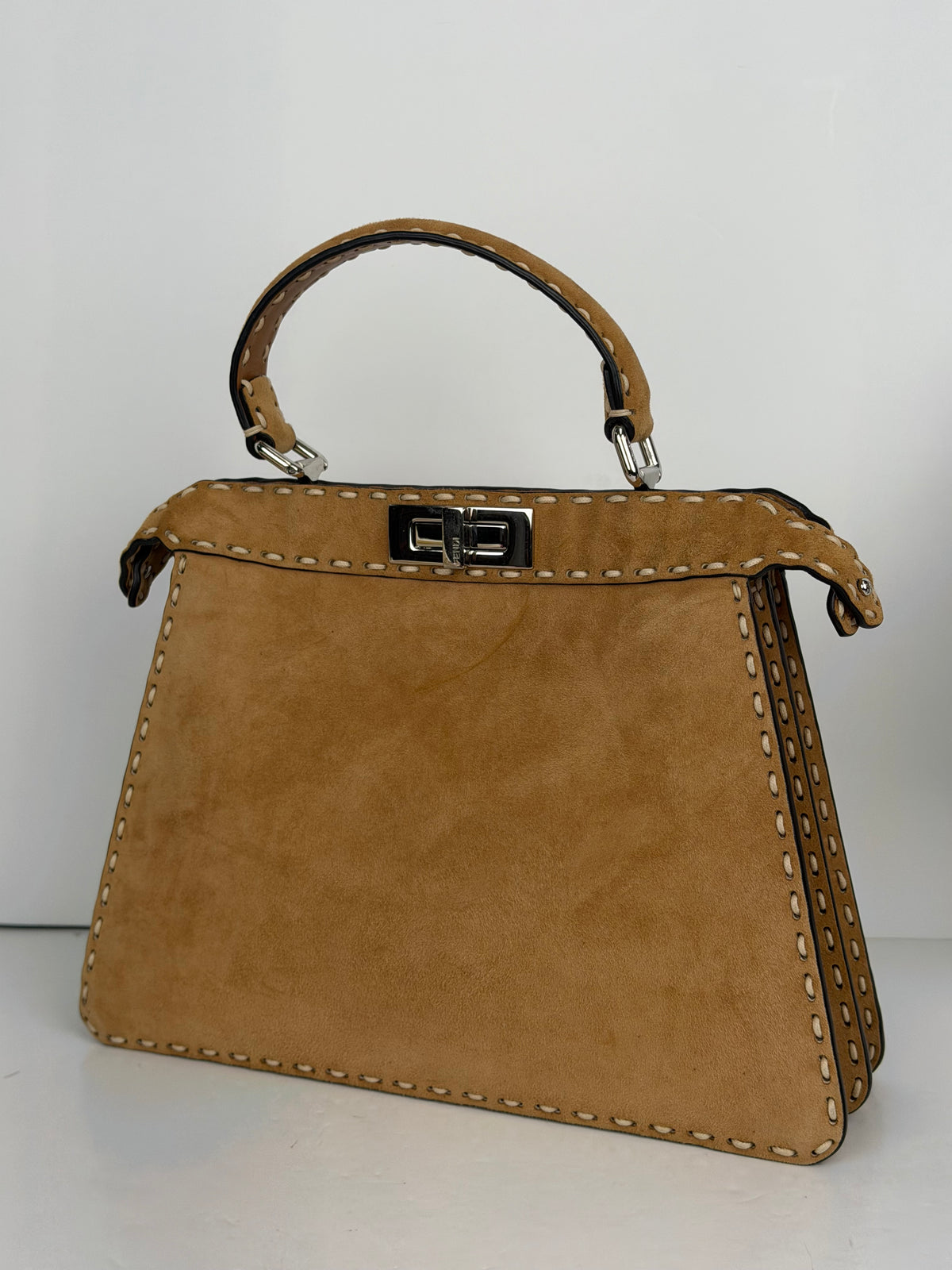 Fendi Peekaboo Macro Stitchings Top Handle Bag Medium in Brown Suede YB7