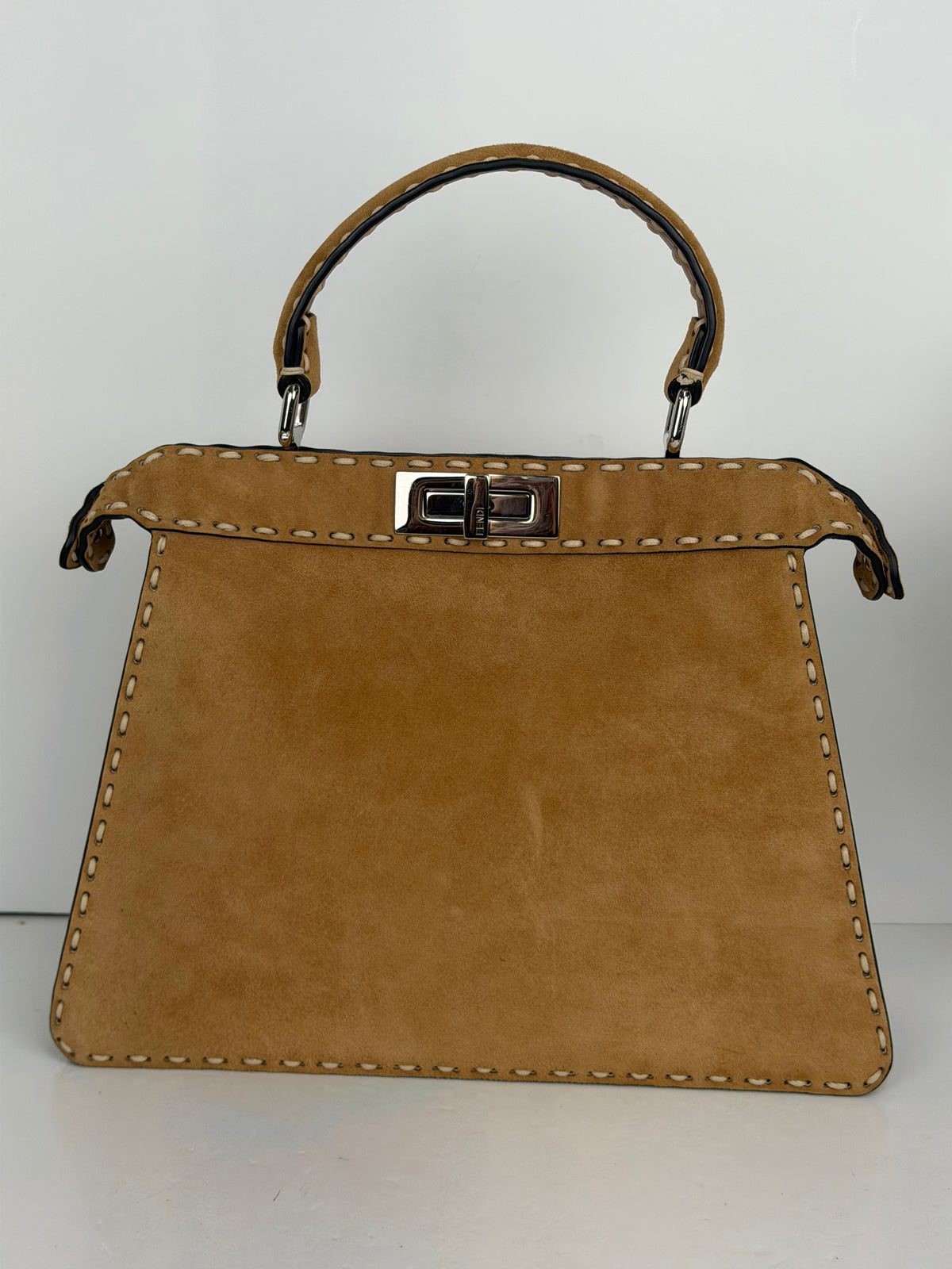 Fendi Peekaboo Macro Stitchings Top Handle Bag Medium in Brown Suede YB7