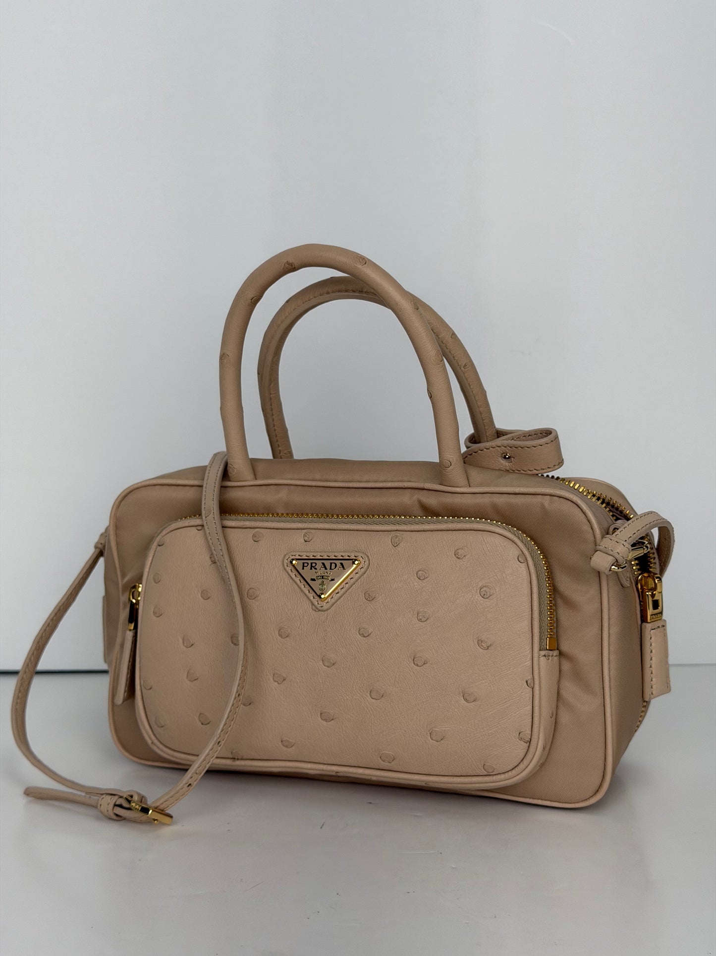 Prada Ostrich Leather Front Pocket Bauletto Bag in Beige YU2