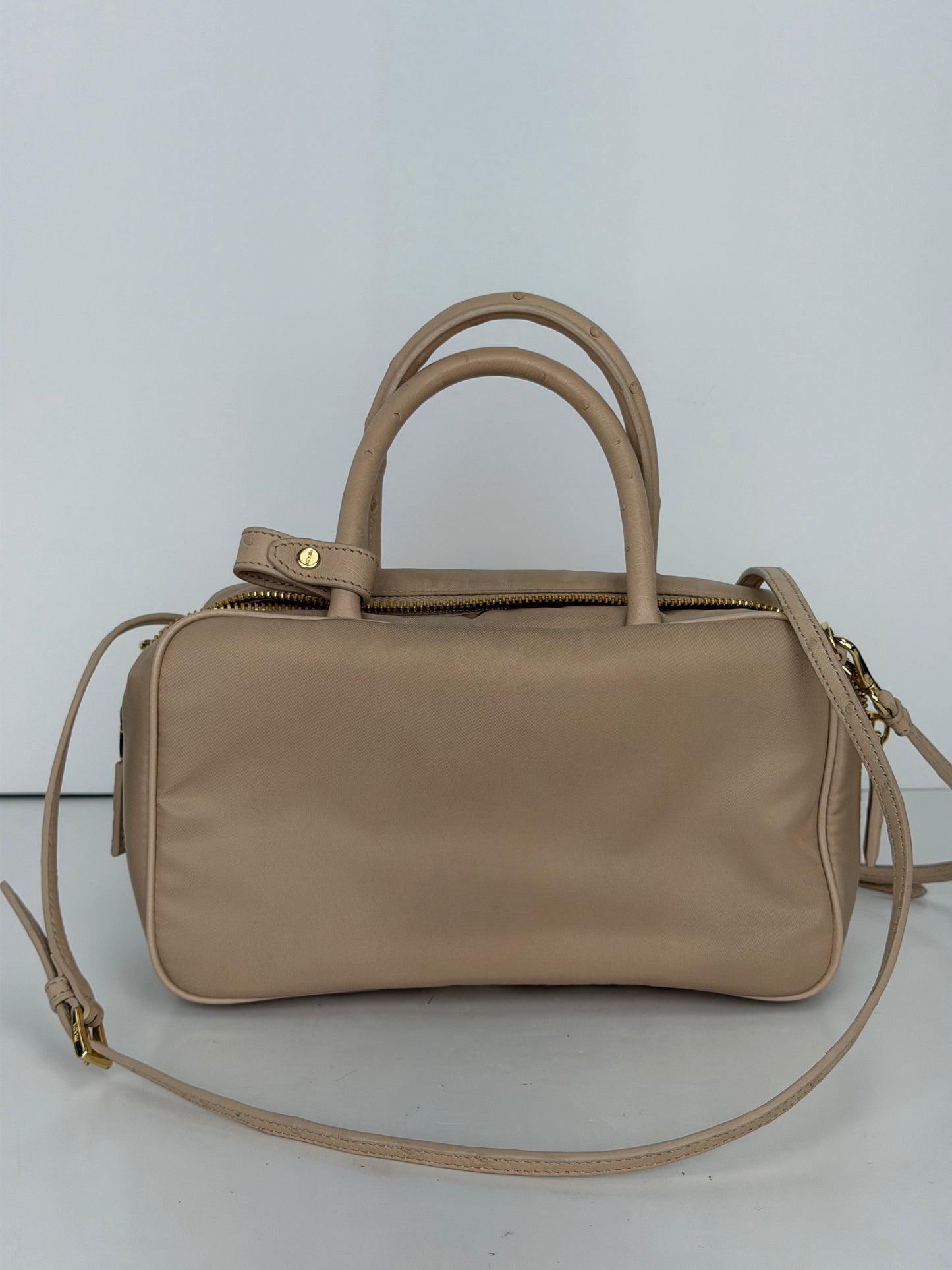 Prada Ostrich Leather Front Pocket Bauletto Bag in Beige YU2