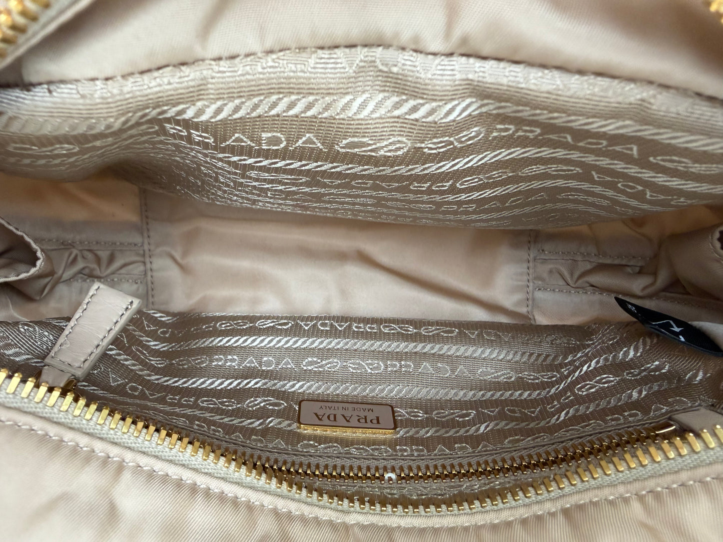 Prada Ostrich Leather Front Pocket Bauletto Bag in Beige YU2