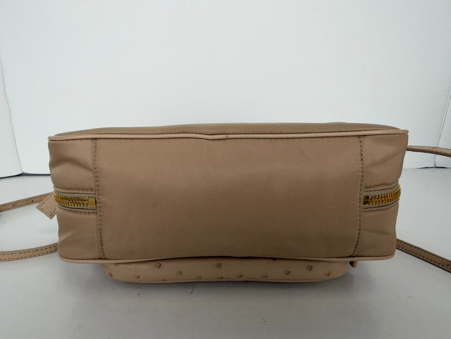 Prada Ostrich Leather Front Pocket Bauletto Bag in Beige YU2