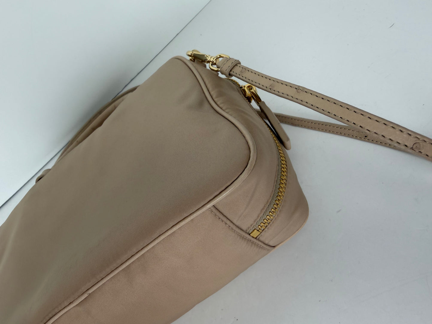 Prada Ostrich Leather Front Pocket Bauletto Bag in Beige YU2