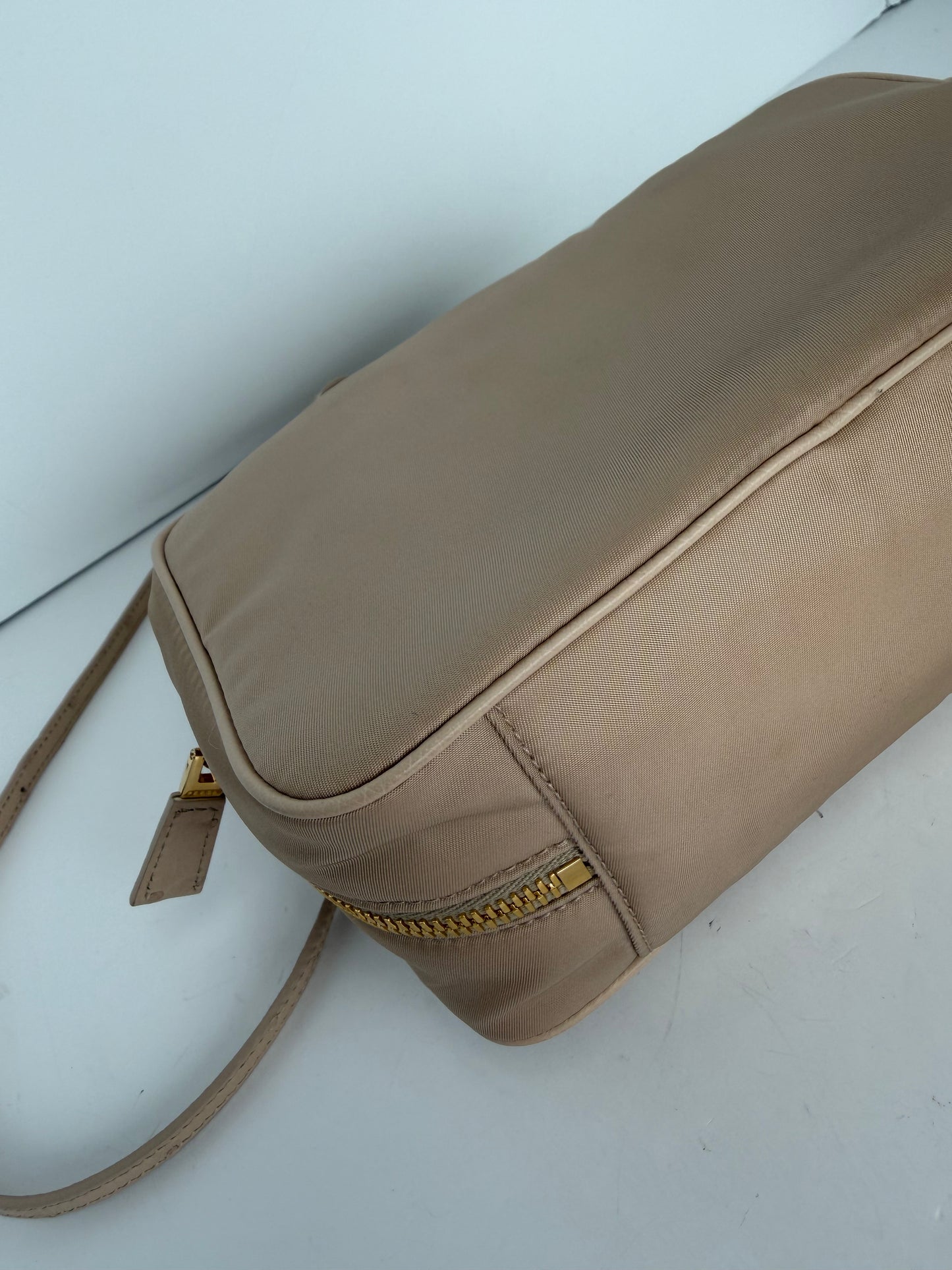 Prada Ostrich Leather Front Pocket Bauletto Bag in Beige YU2