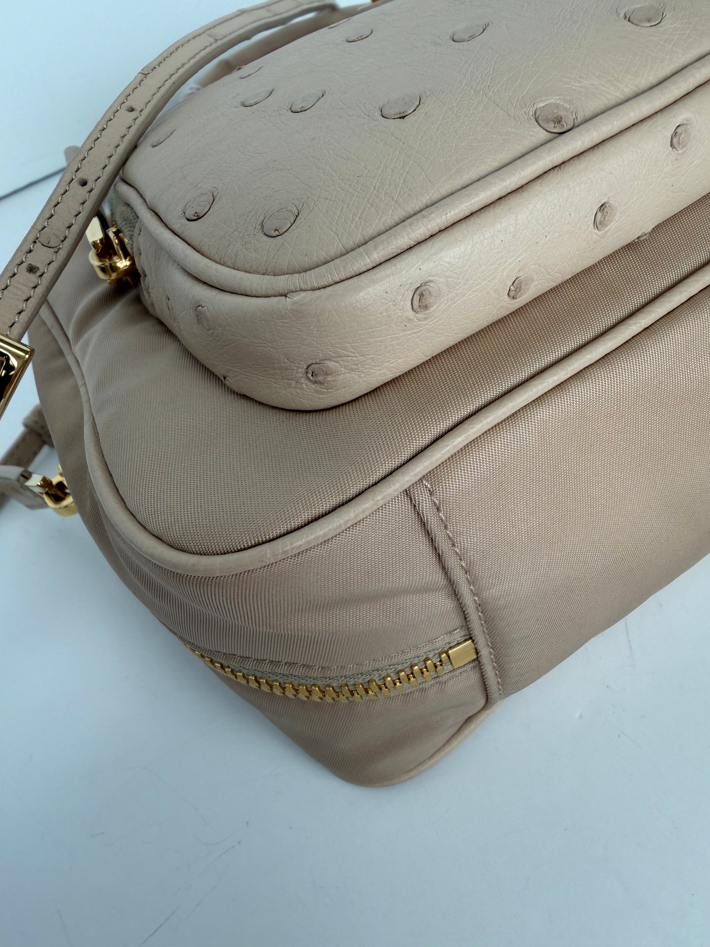 Prada Ostrich Leather Front Pocket Bauletto Bag in Beige YU2