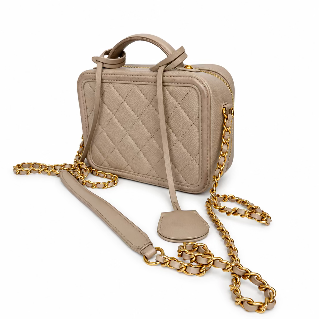 Chanel Small Vanity Case in Light Beige Quilted Caviar Leather YF2