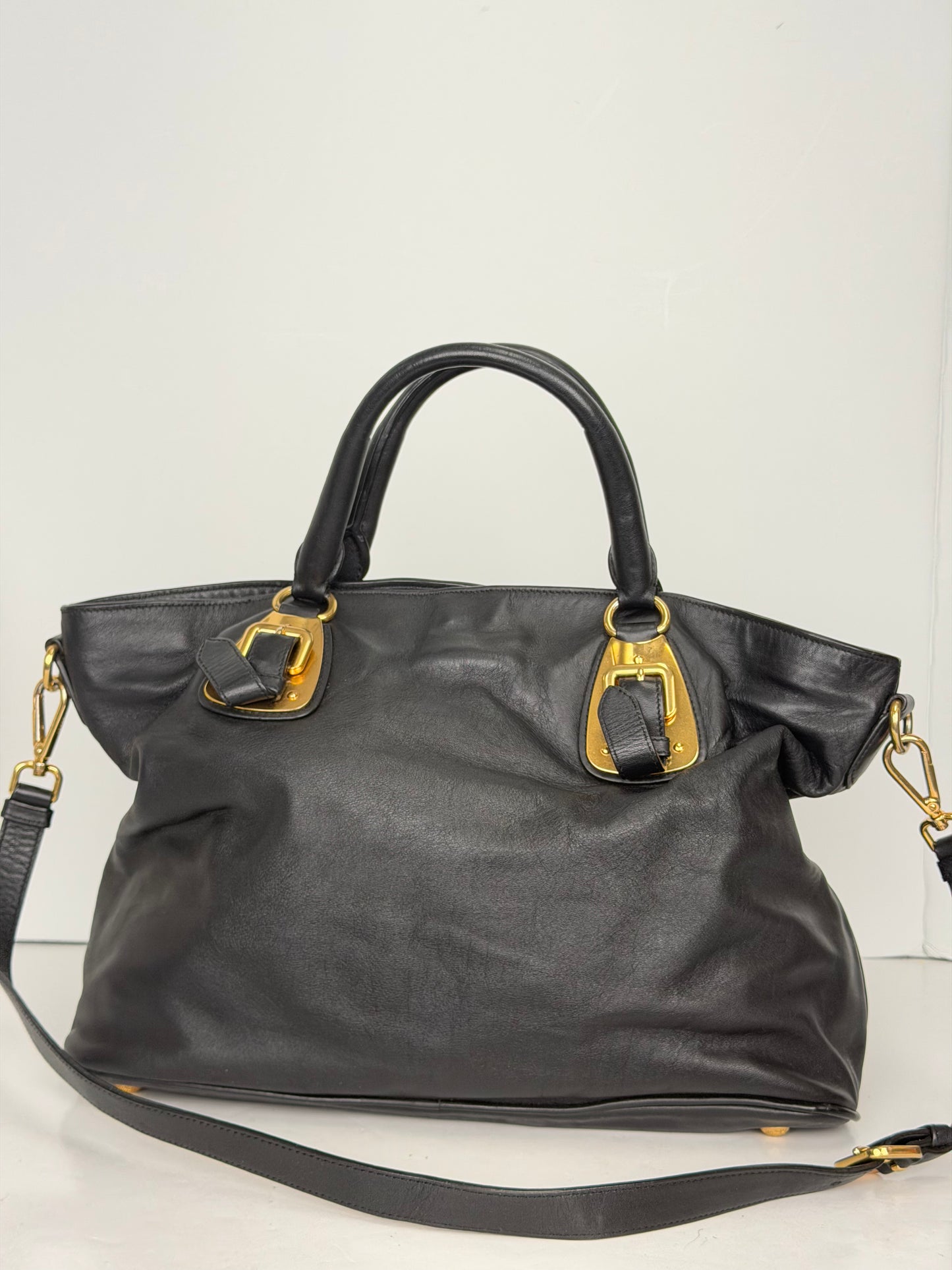 Prada Vitello Daino Buckle Tote in Black YU1