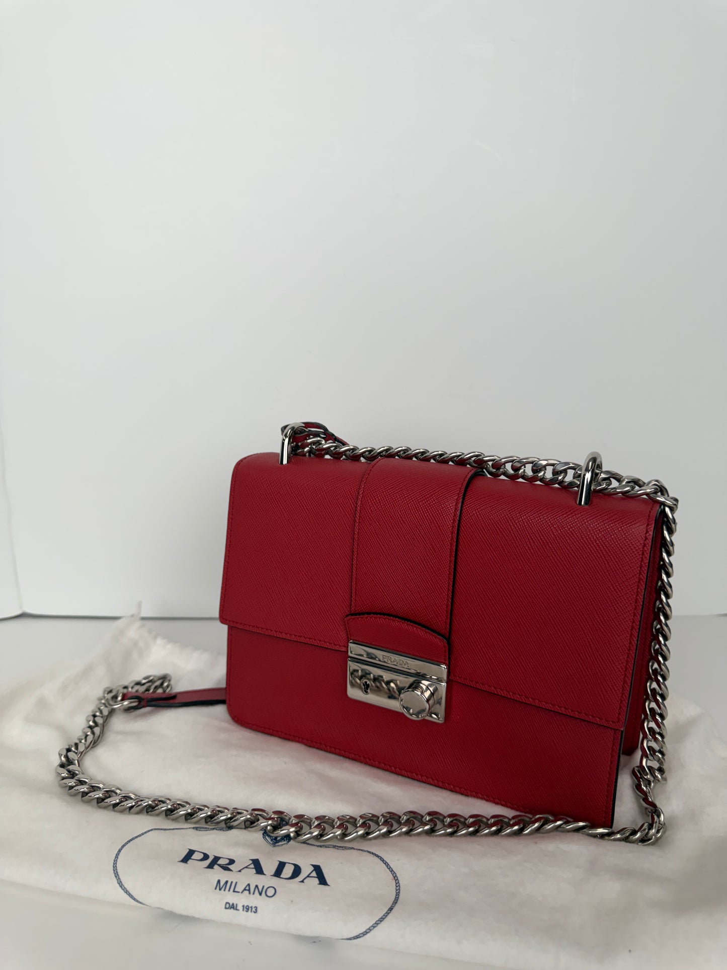 Prada Chain Shoulder Bag in Red Saffiano Leather YU2