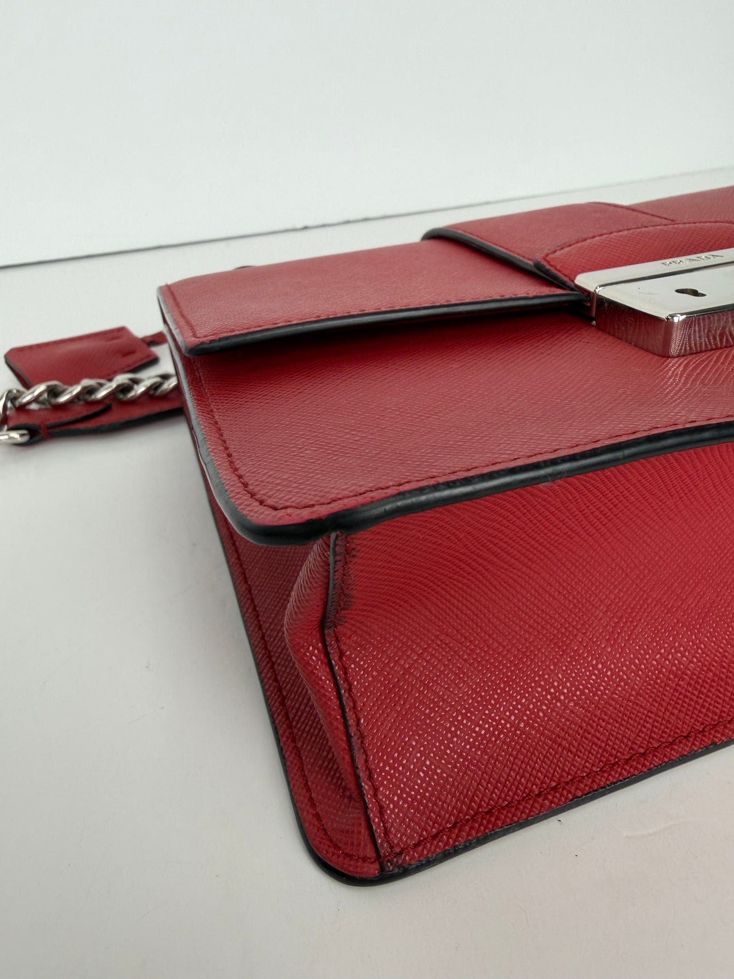 Prada Chain Shoulder Bag in Red Saffiano Leather YU2