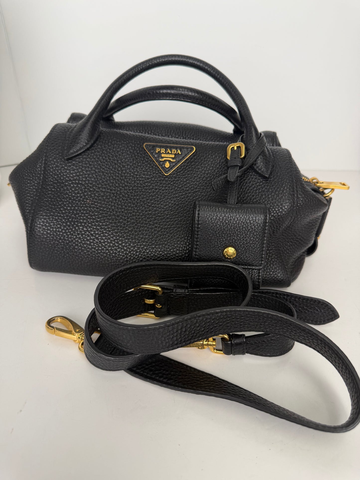 Prada Vitello Daino Leather Bauletto Top Handle Bag in Black YS14