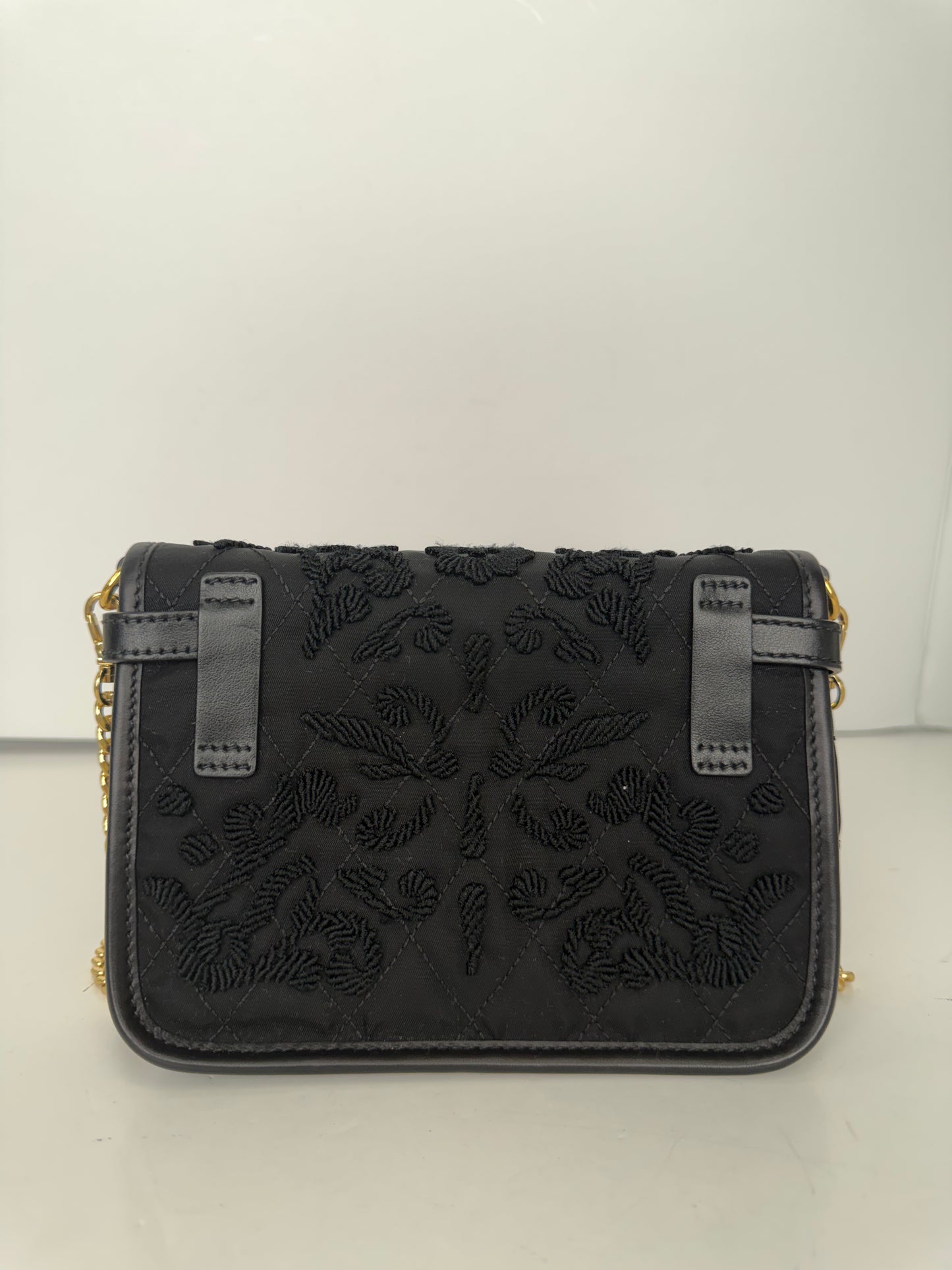 Prada Tessuto Passamaneria Embroidered Fringe Shoulder Bag in Black YS21