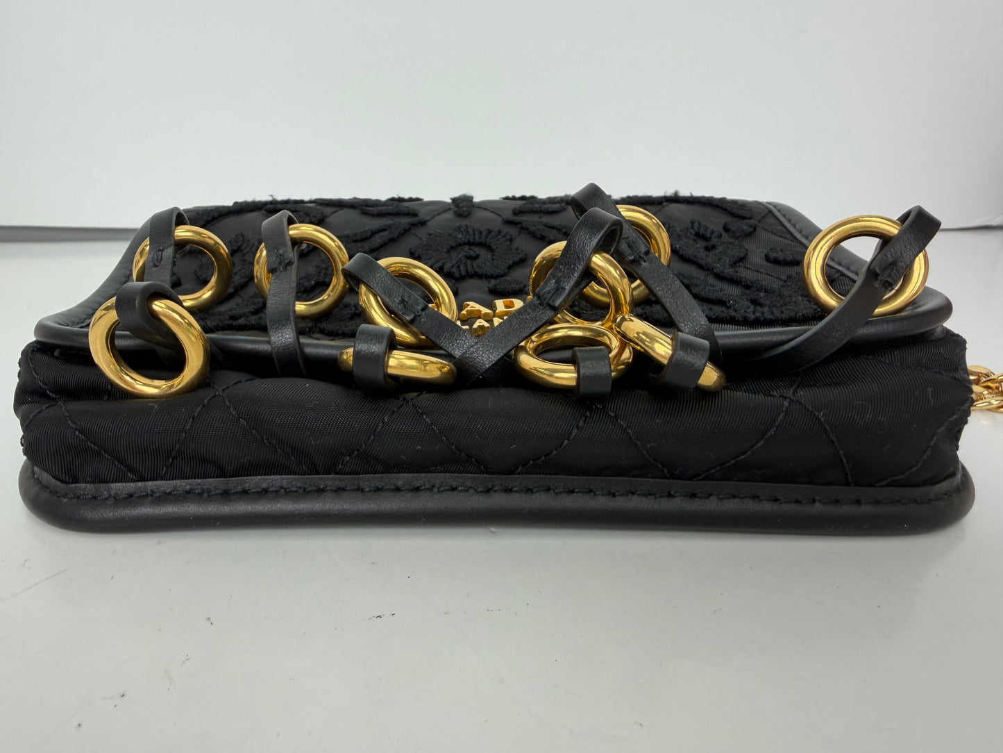 Prada Tessuto Passamaneria Embroidered Fringe Shoulder Bag in Black YS21