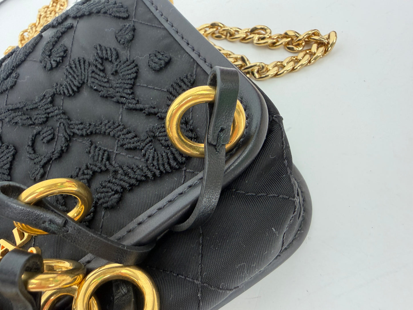 Prada Tessuto Passamaneria Embroidered Fringe Shoulder Bag in Black YS21