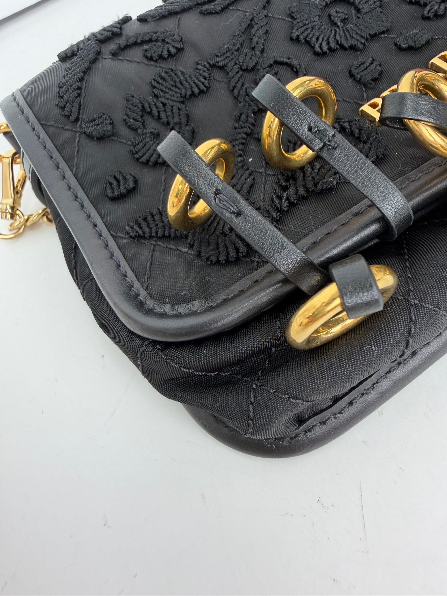 Prada Tessuto Passamaneria Embroidered Fringe Shoulder Bag in Black YS21
