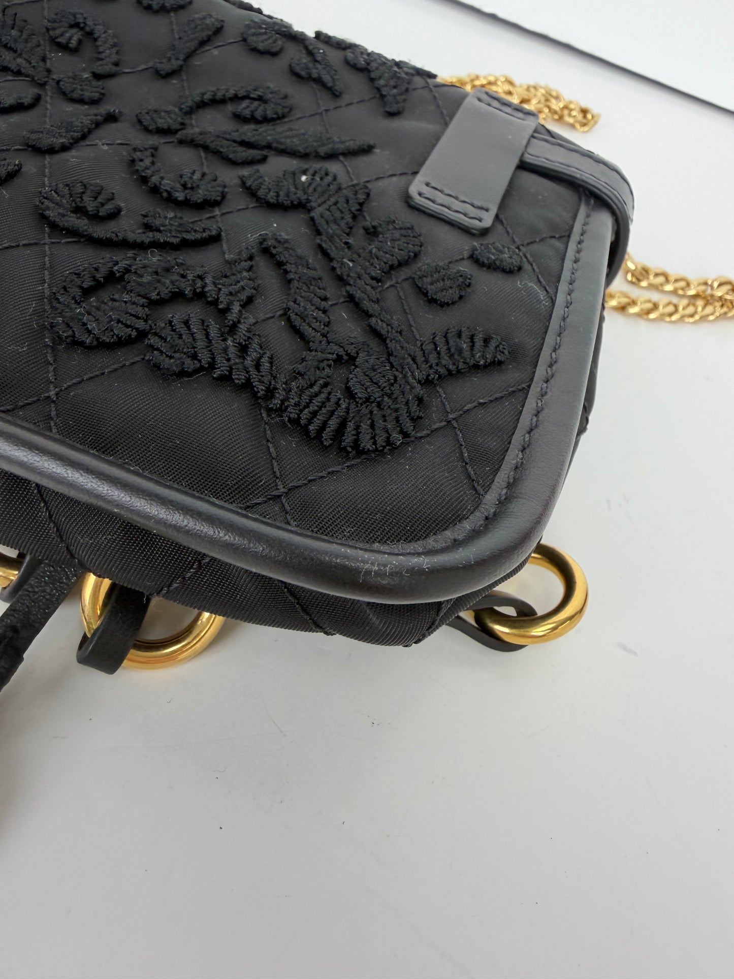 Prada Tessuto Passamaneria Embroidered Fringe Shoulder Bag in Black YS21