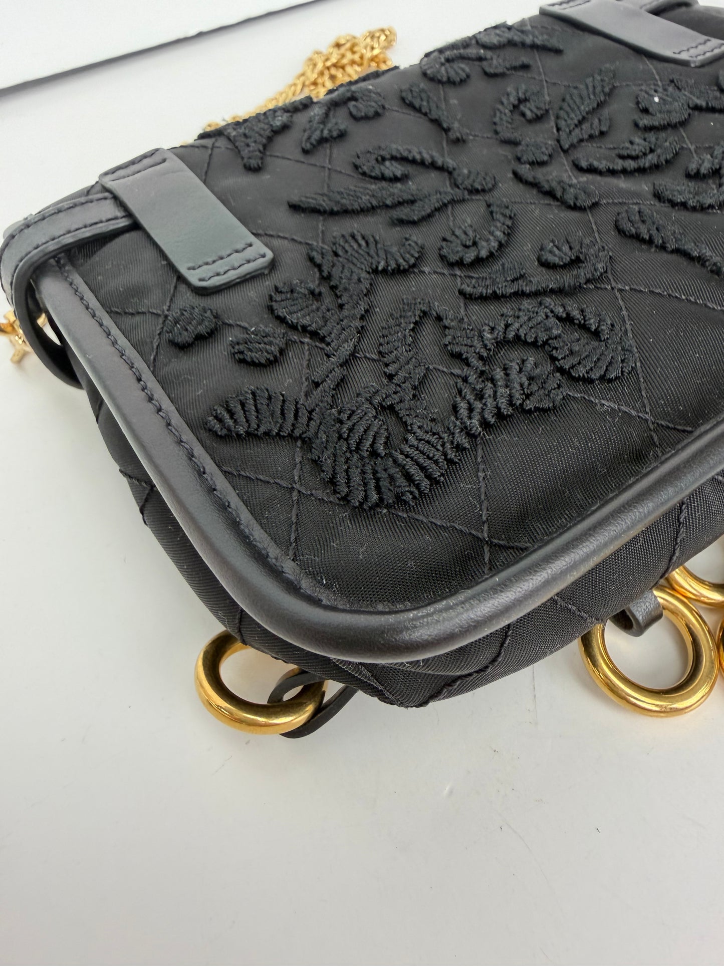 Prada Tessuto Passamaneria Embroidered Fringe Shoulder Bag in Black YS21