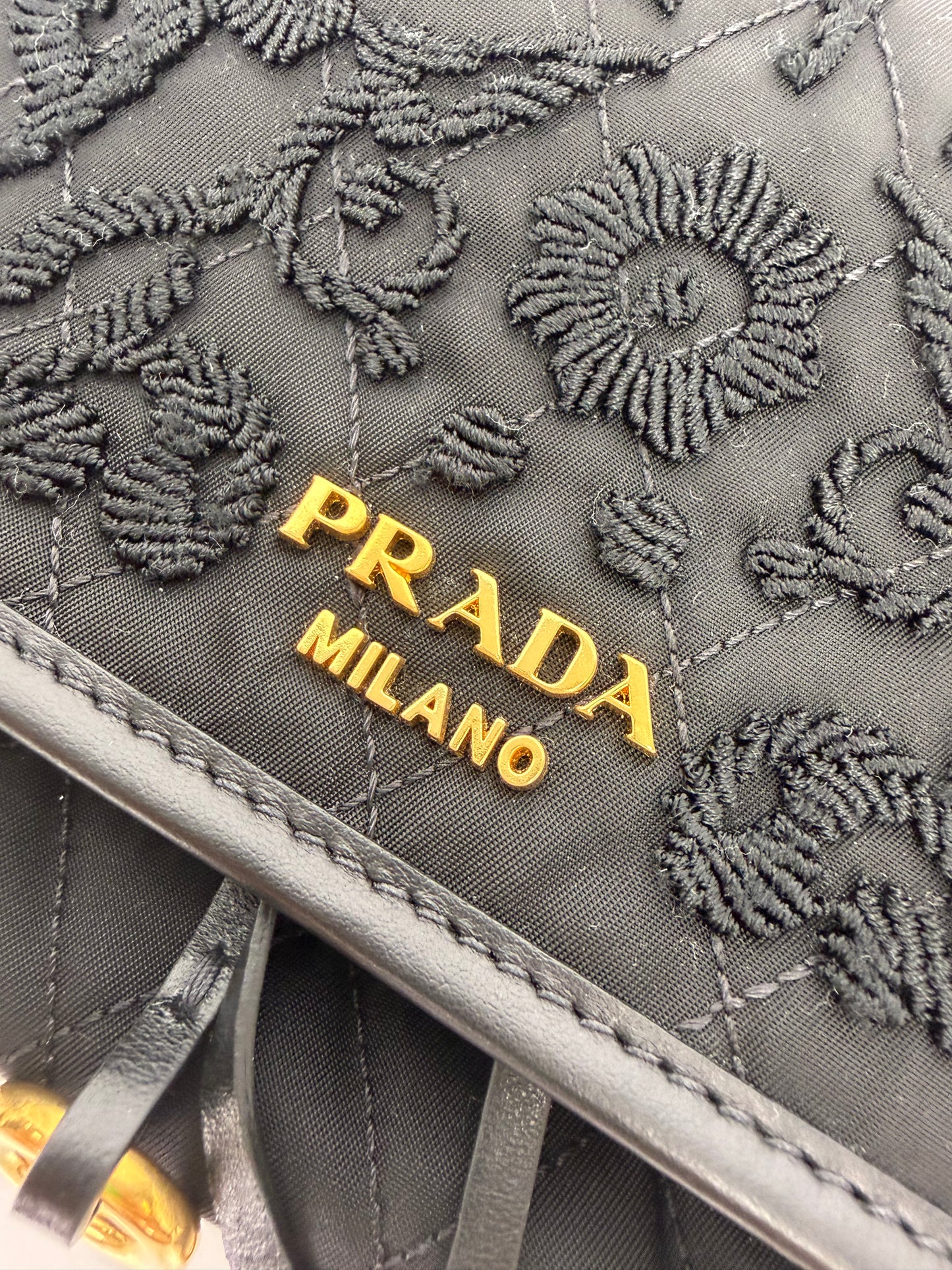 Prada Tessuto Passamaneria Embroidered Fringe Shoulder Bag in Black YS21