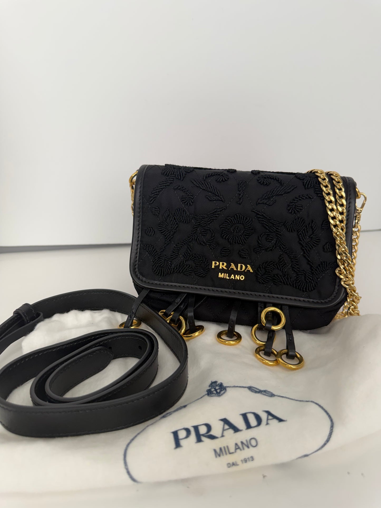 Prada Tessuto Passamaneria Embroidered Fringe Shoulder Bag in Black YS21