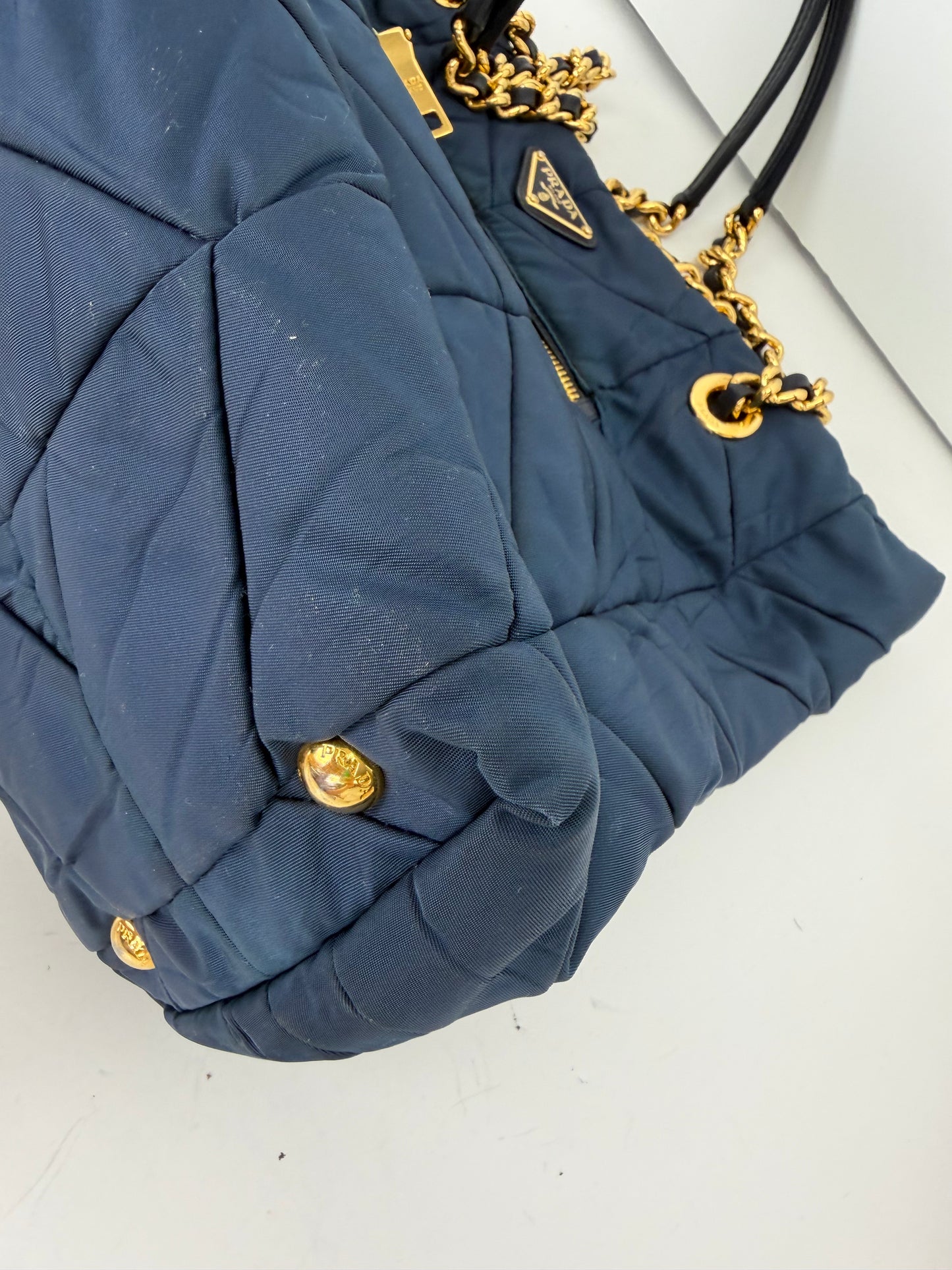 Prada Tessuto Impunturato Quilted Nylon Chain Tote in Navy