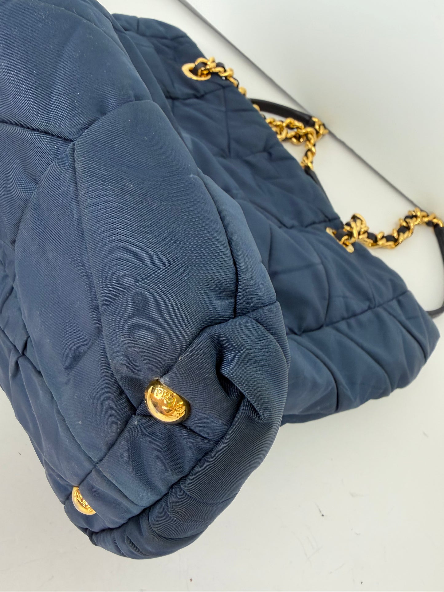 Prada Tessuto Impunturato Quilted Nylon Chain Tote in Navy