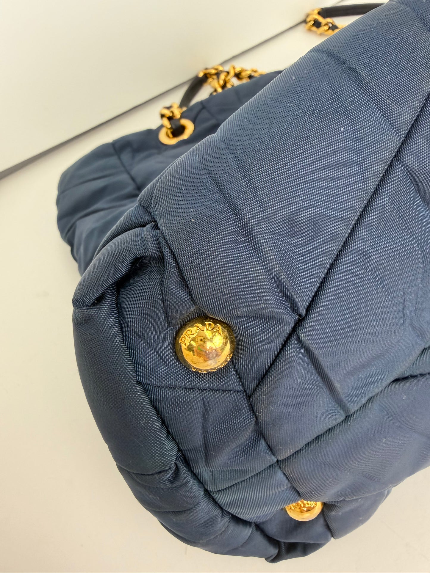 Prada Tessuto Impunturato Quilted Nylon Chain Tote in Navy
