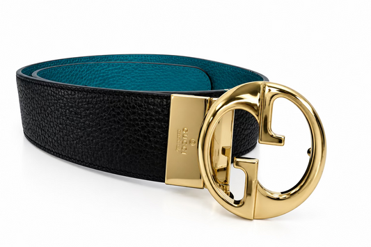 Gucci 1973 Reversible Interlocking G Belt in Black and Turquoise Leather 85/34 Y