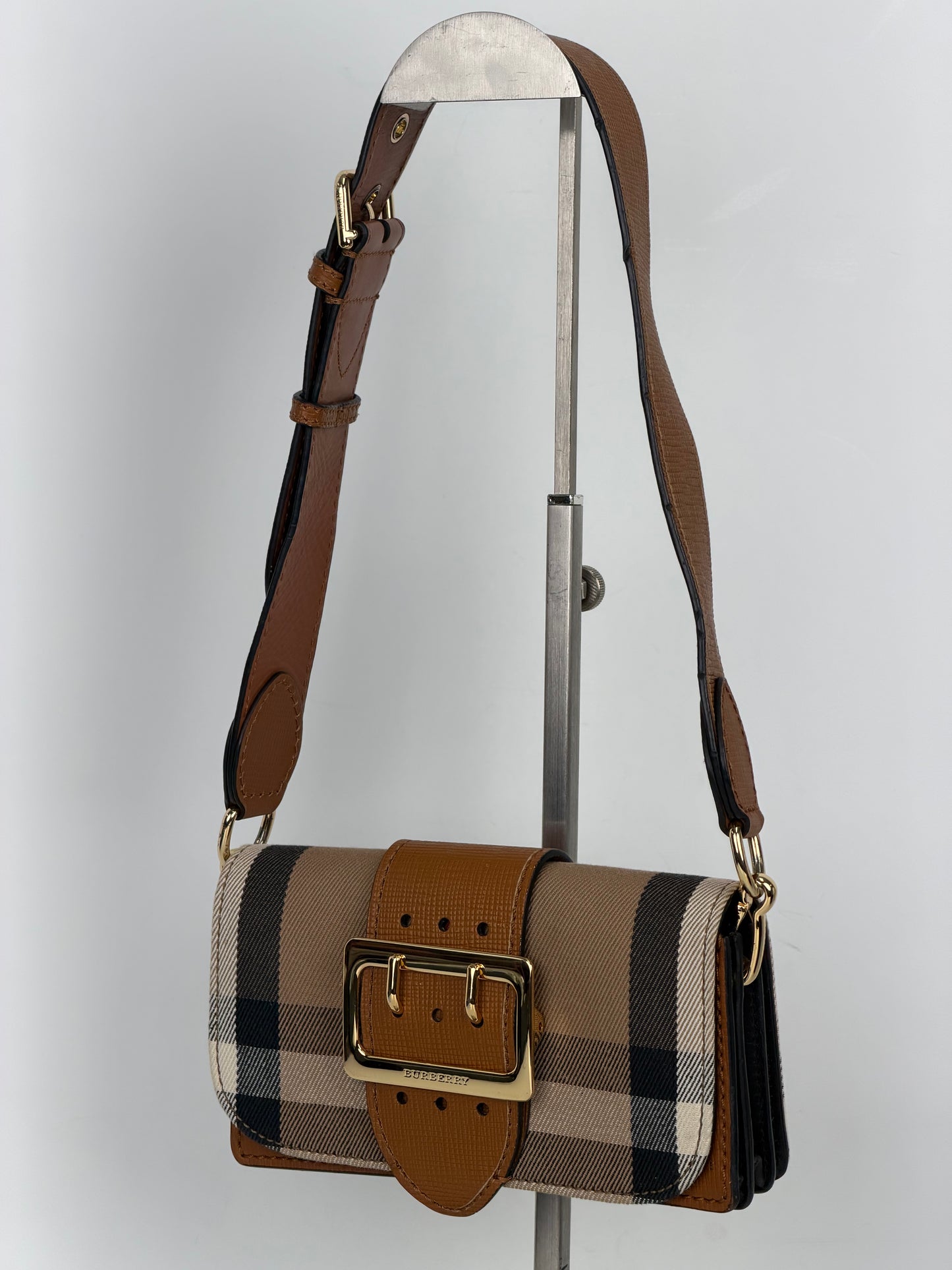 Burberry Madison Buckle Small Bag in House Check Canvas & Bridle Calfskin Leather YS12