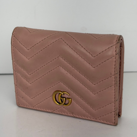Gucci GG Marmont Card Case Wallet in Pink Calfskin Matelasse Leather YK2