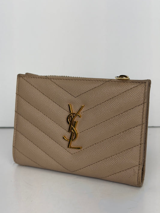 Saint Laurent Cassandre Matelasse Fragments Bi-Fold Wallet in Beige Grain de Poudre Embossed Leather YK2