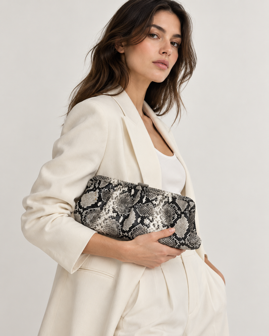 Balenciaga Python Effect Cloud Clutch XS in Black and White YU1