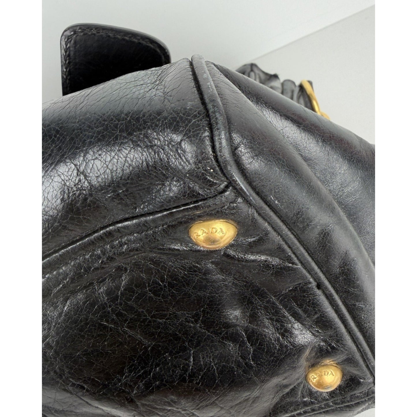 Prada Shopping Satchel Bag Medium Black Vitello Crinkled Leather Gold Hardware S
